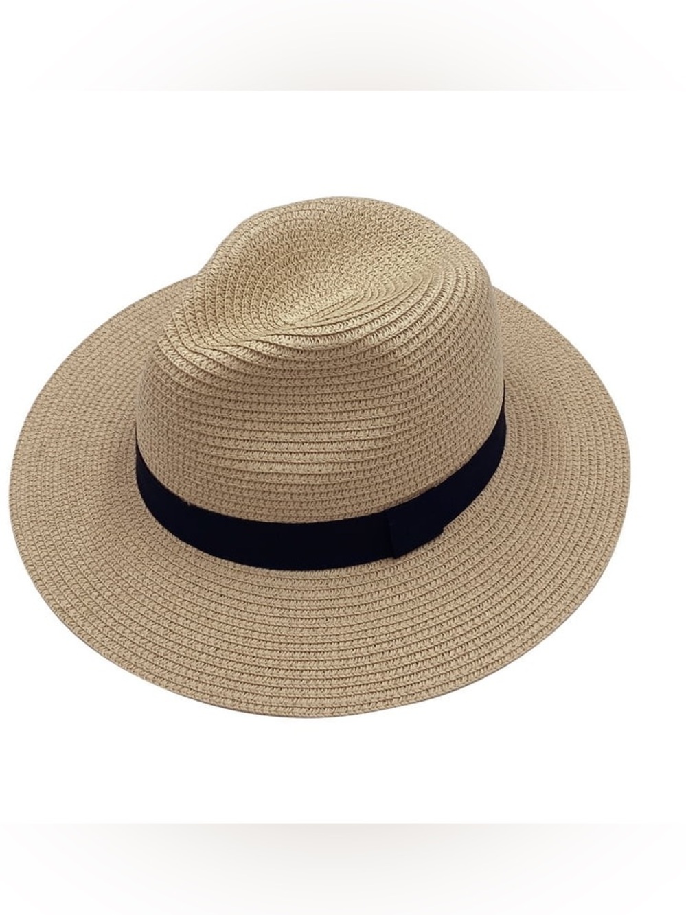 Wide Brim Straw Panama Style Sun Hat Tan Black Band 56-58 cm